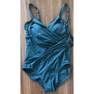 MIRACLESUIT Teal 1 piece, V Neck Surplice Style Swimsuit Sz 14 NWT